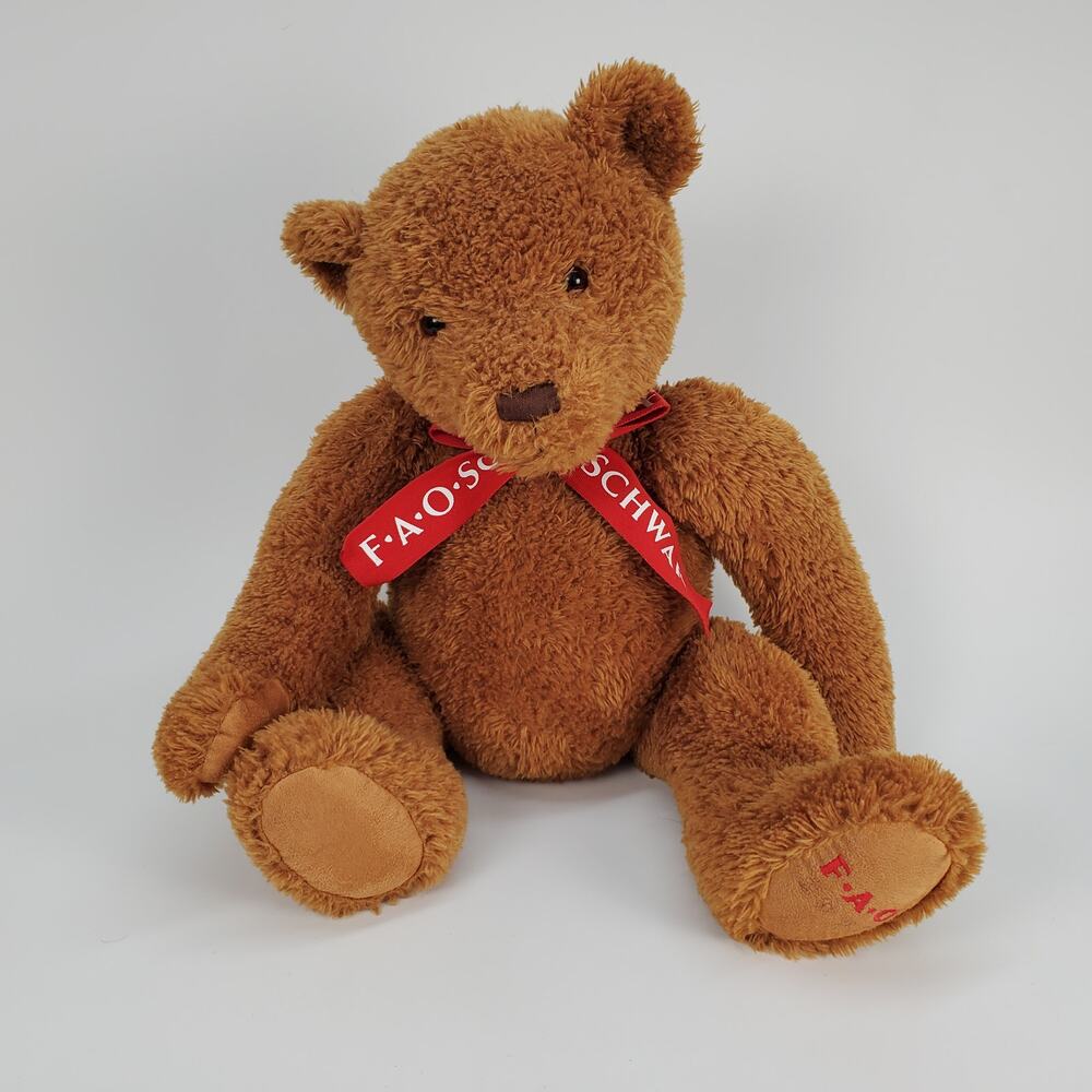 FAO Schwarz Teddy Bear Brown Plush Red Ribbon Logo‎ 16 inch Stuffed Animal